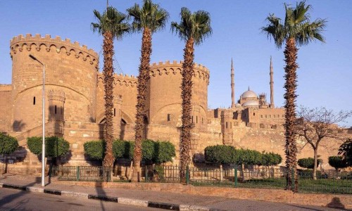 View of massive ramparts and stunning Muhammad Ali Pasha (Alabaster) Mosque of Saladin Citadel on Salah El-Deen square, Cairo, Egypt